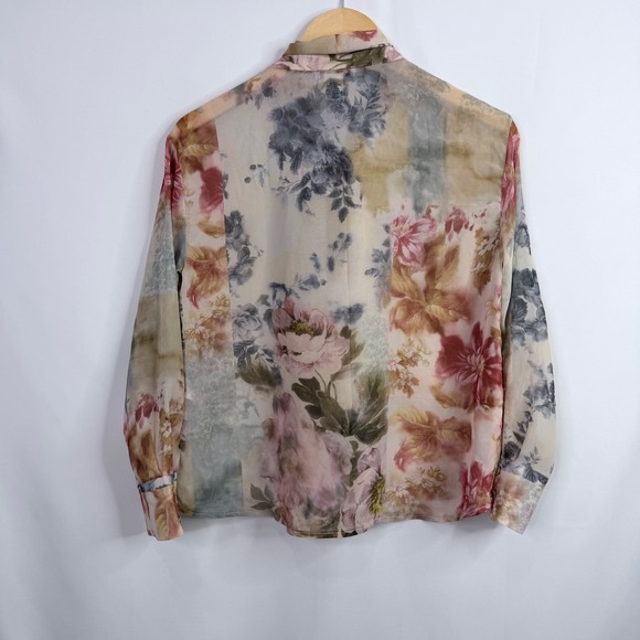 Deane Mel Tie Neck Sheer Blouse Women Small Petite Off-White Floral NWT - Picture 5 of 7